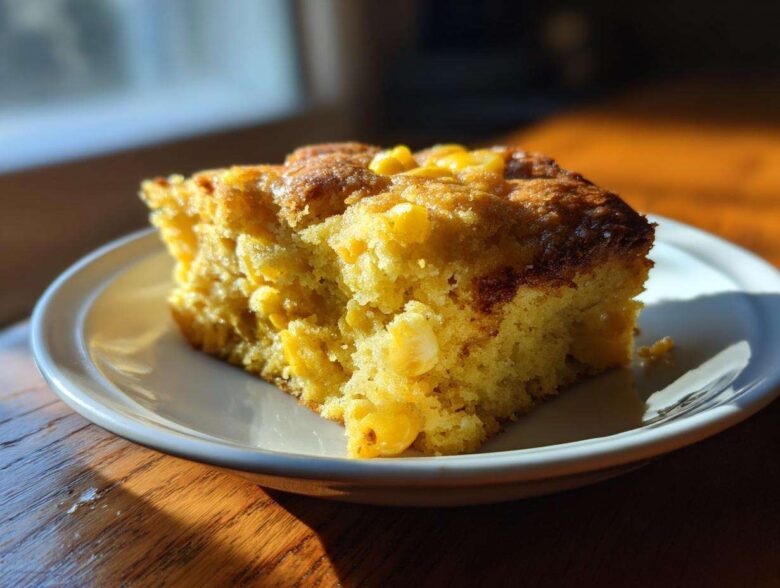 A golden slice of moist cornbread casserole studded with whole corn kernels, served on a white plate.