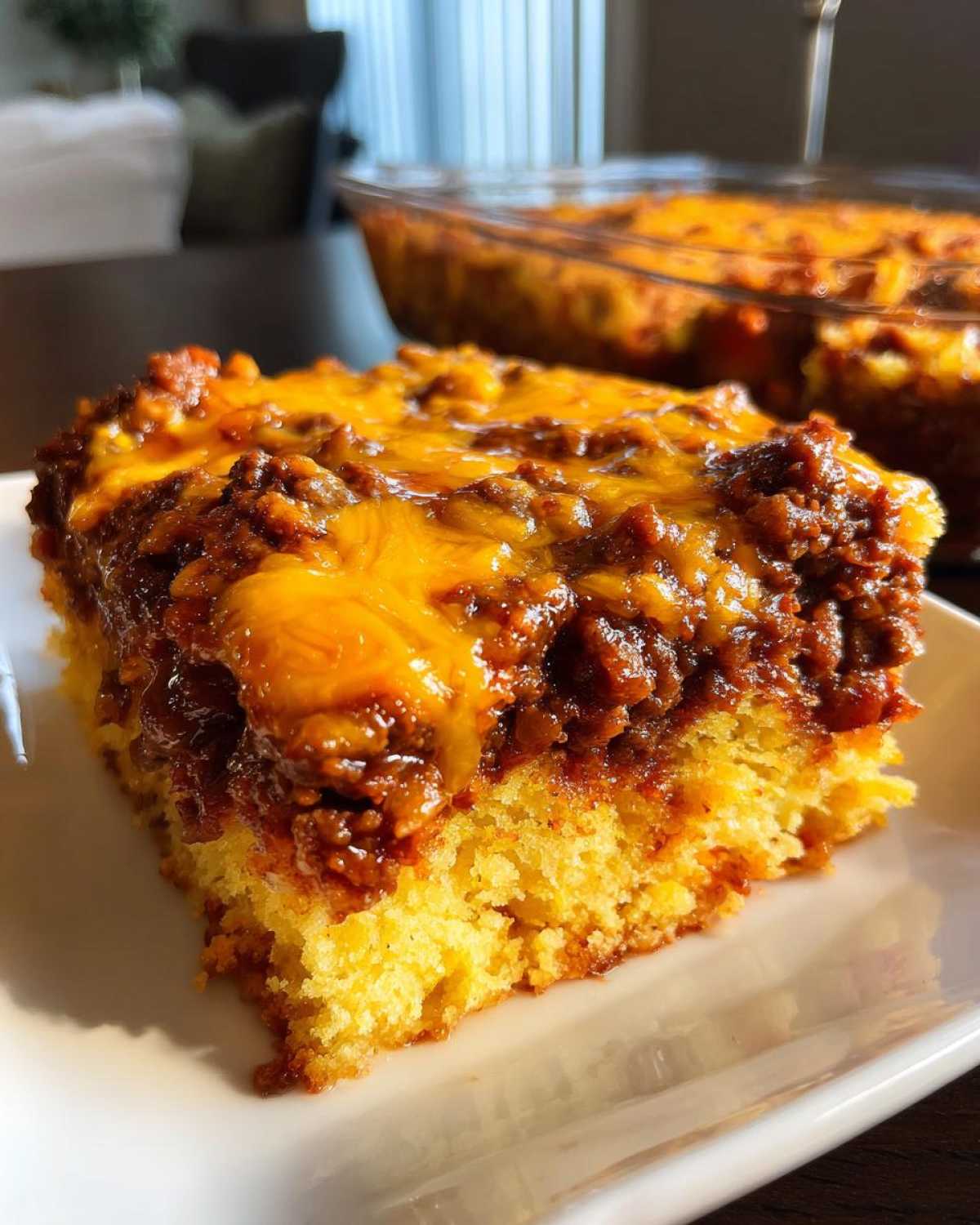 A close-up of a slice of cowboy cornbread casserole topped with meaty chili and melted cheddar cheese.