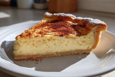 A close-up slice of creamy egg custard tart dusted with cocoa or cinnamon powder on a white plate.