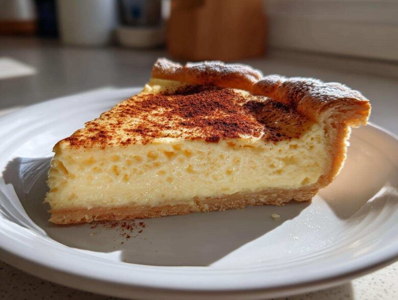 A close-up slice of creamy egg custard tart dusted with cocoa or cinnamon powder on a white plate.