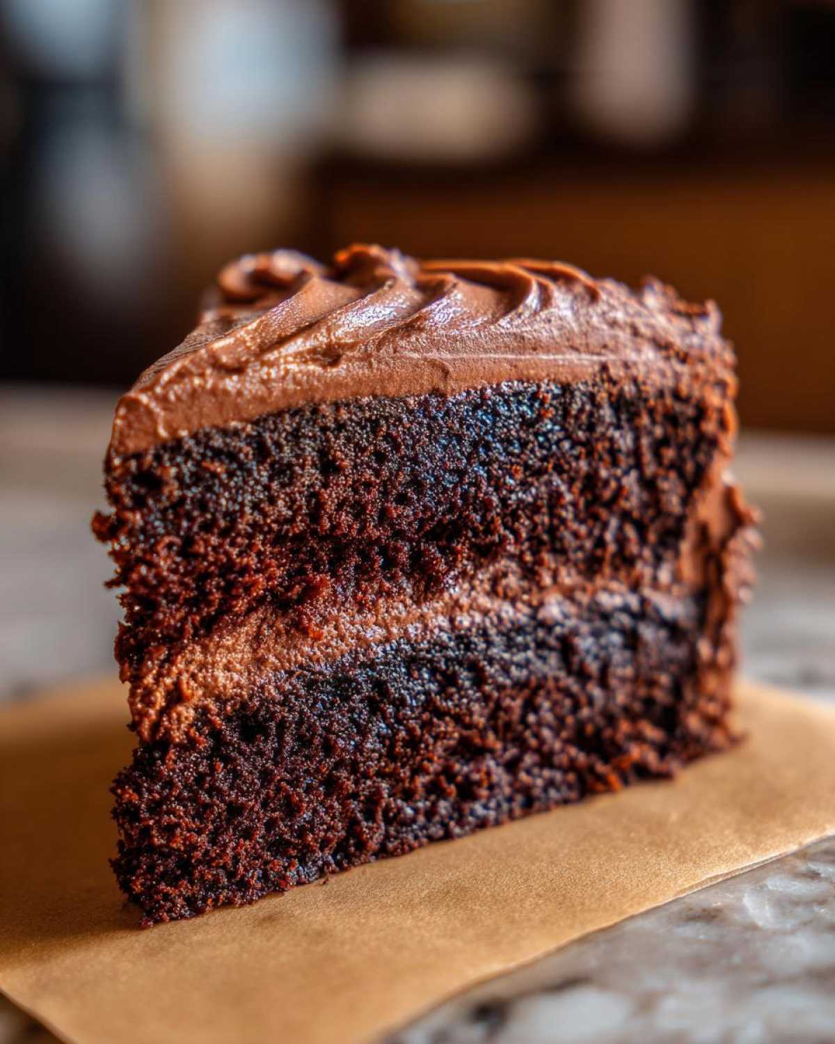 Close-up of a decadent slice of homemade chocolate cake with thick chocolate frosting layers.