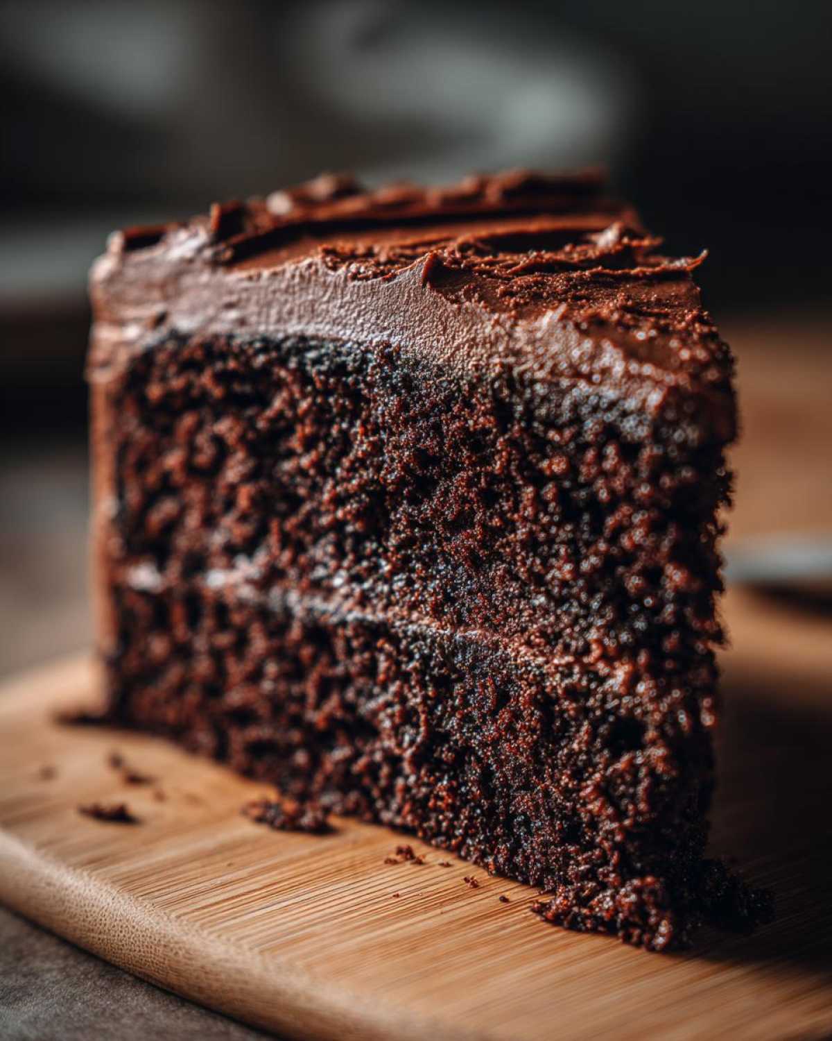 Close-up of a rich, dark slice of homemade chocolate cake with thick chocolate frosting layers.