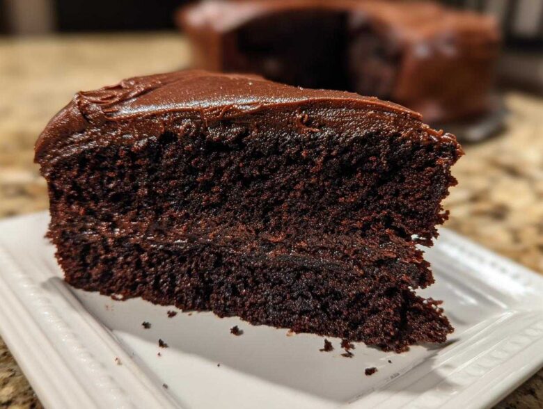 Close-up of a rich, dark slice of homemade chocolate cake topped with glossy chocolate frosting.
