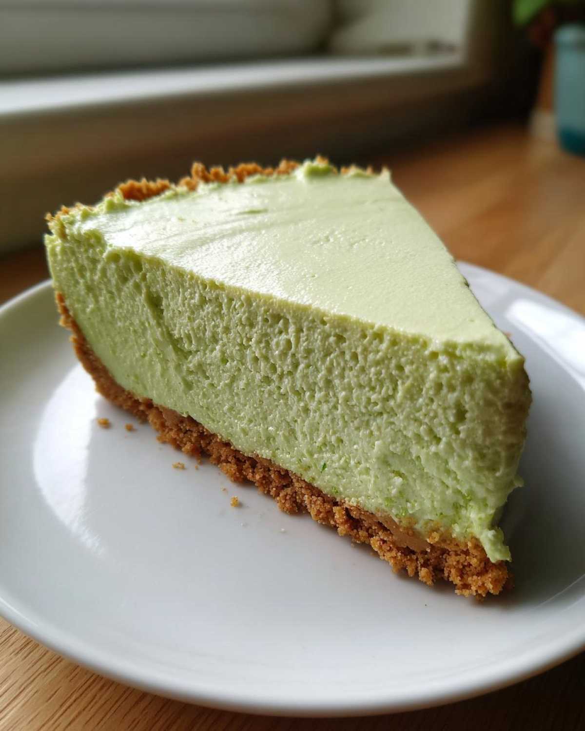 A close-up slice of creamy, light green no-bake key lime cheesecake with a thick graham cracker crust on a white plate.