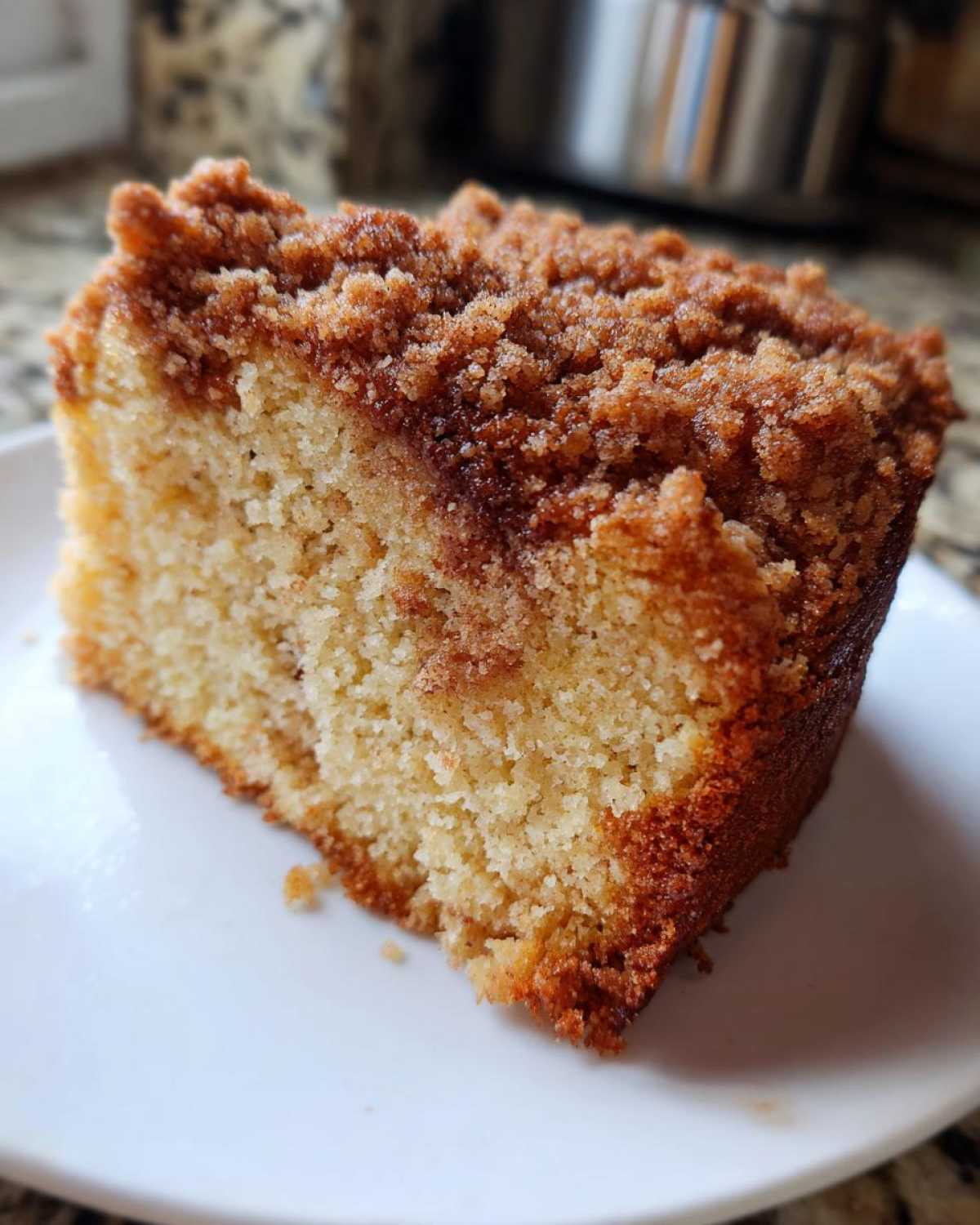 Close-up of a moist slice of coffee cake featuring a thick, crumbly cinnamon streusel topping.