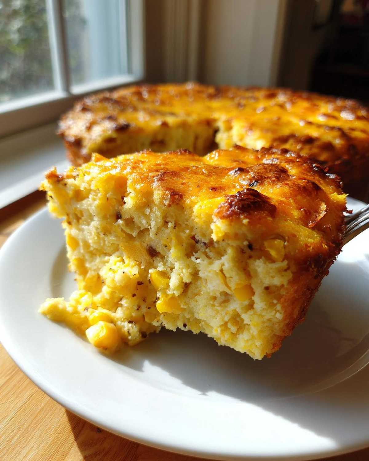 A close-up slice of moist cornbread casserole with visible corn kernels and a golden, cheesy baked top.