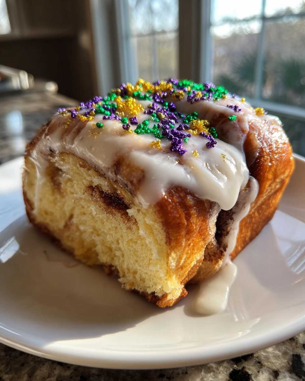 A close-up of a slice of homemade king cake topped with white icing and purple, green, and gold sprinkles.