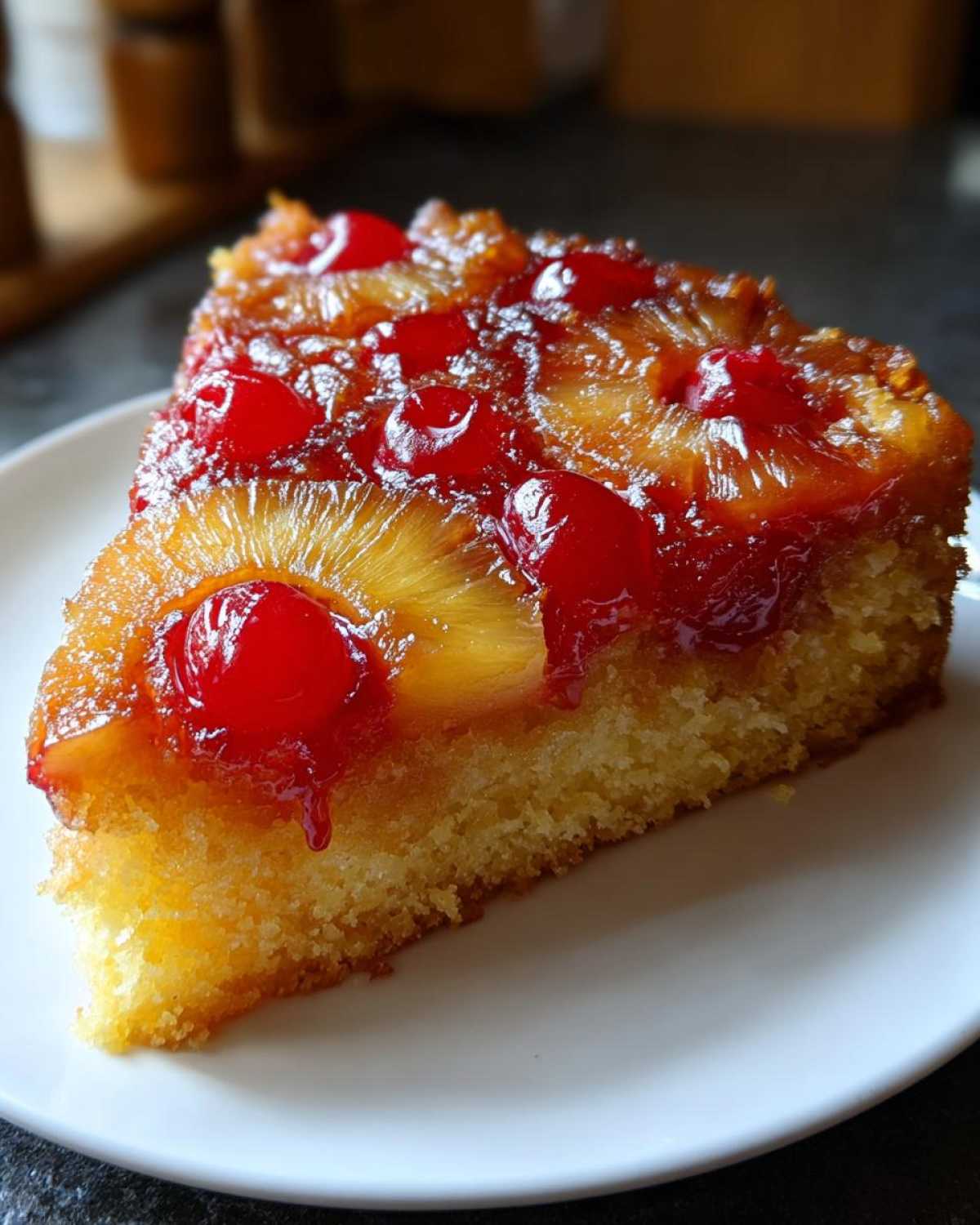 A moist slice of pineapple upside down cake topped with caramelized pineapple rings and bright red maraschino cherries.