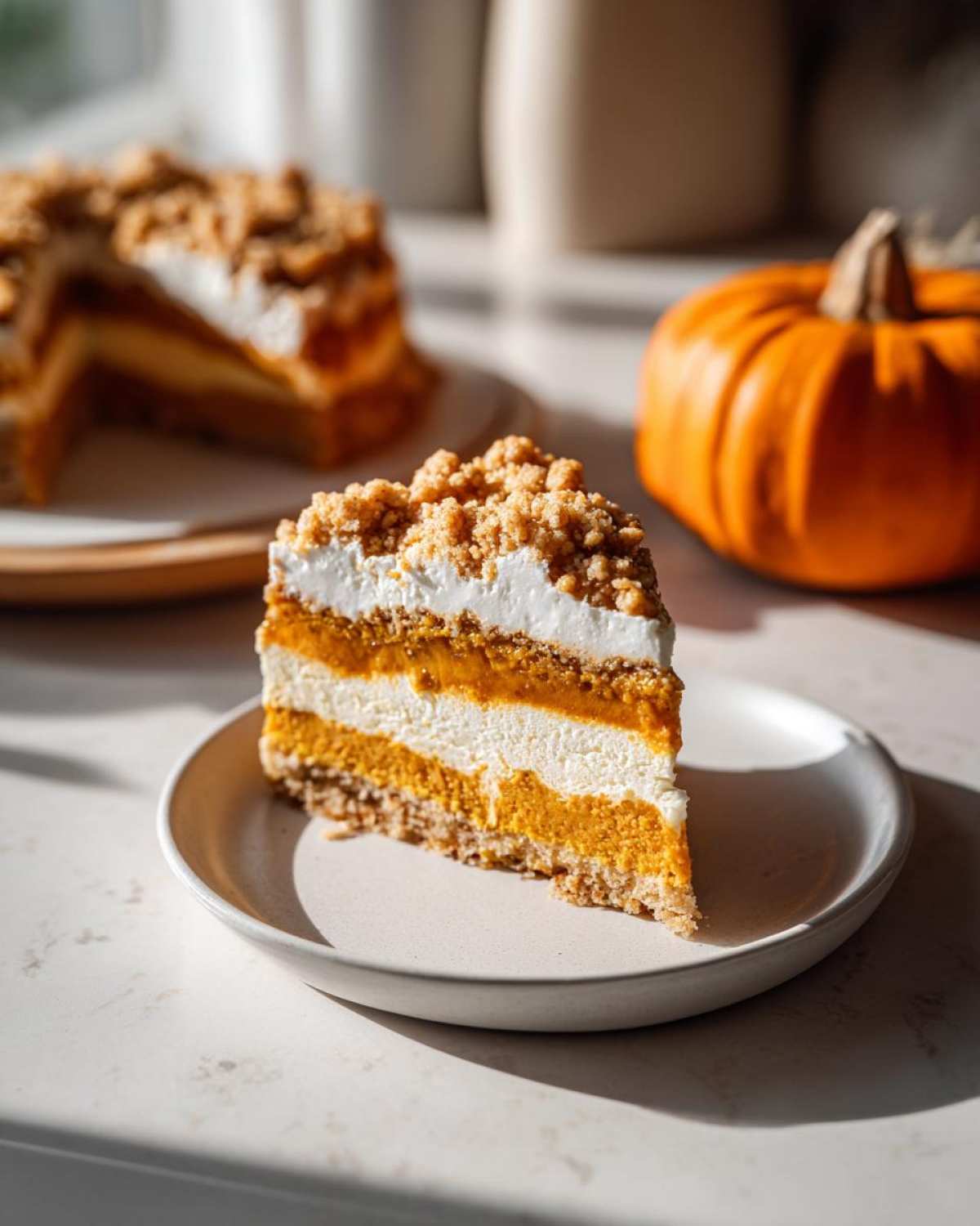 A layered slice of pumpkin crunch dessert with a crumb topping, sitting on a plate next to a small pumpkin.