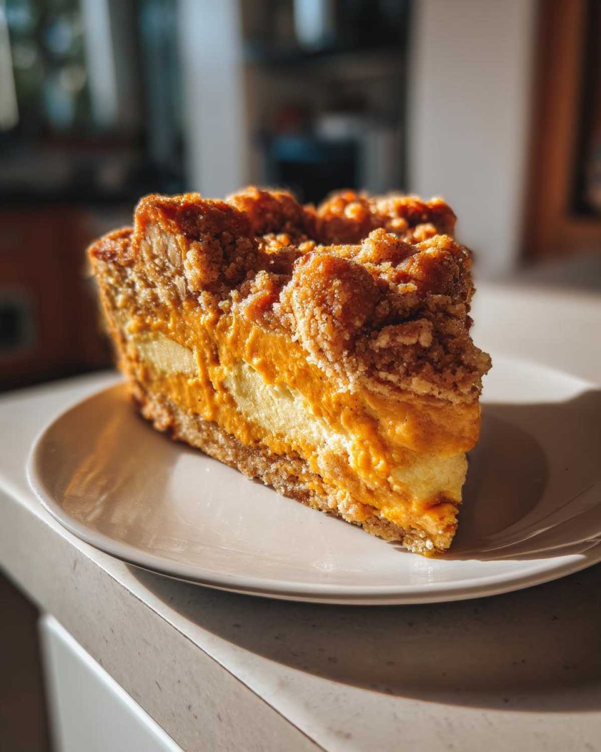 A thick slice of pumpkin crunch dessert featuring layers of crust, creamy filling, and a crunchy topping, served on a white plate.