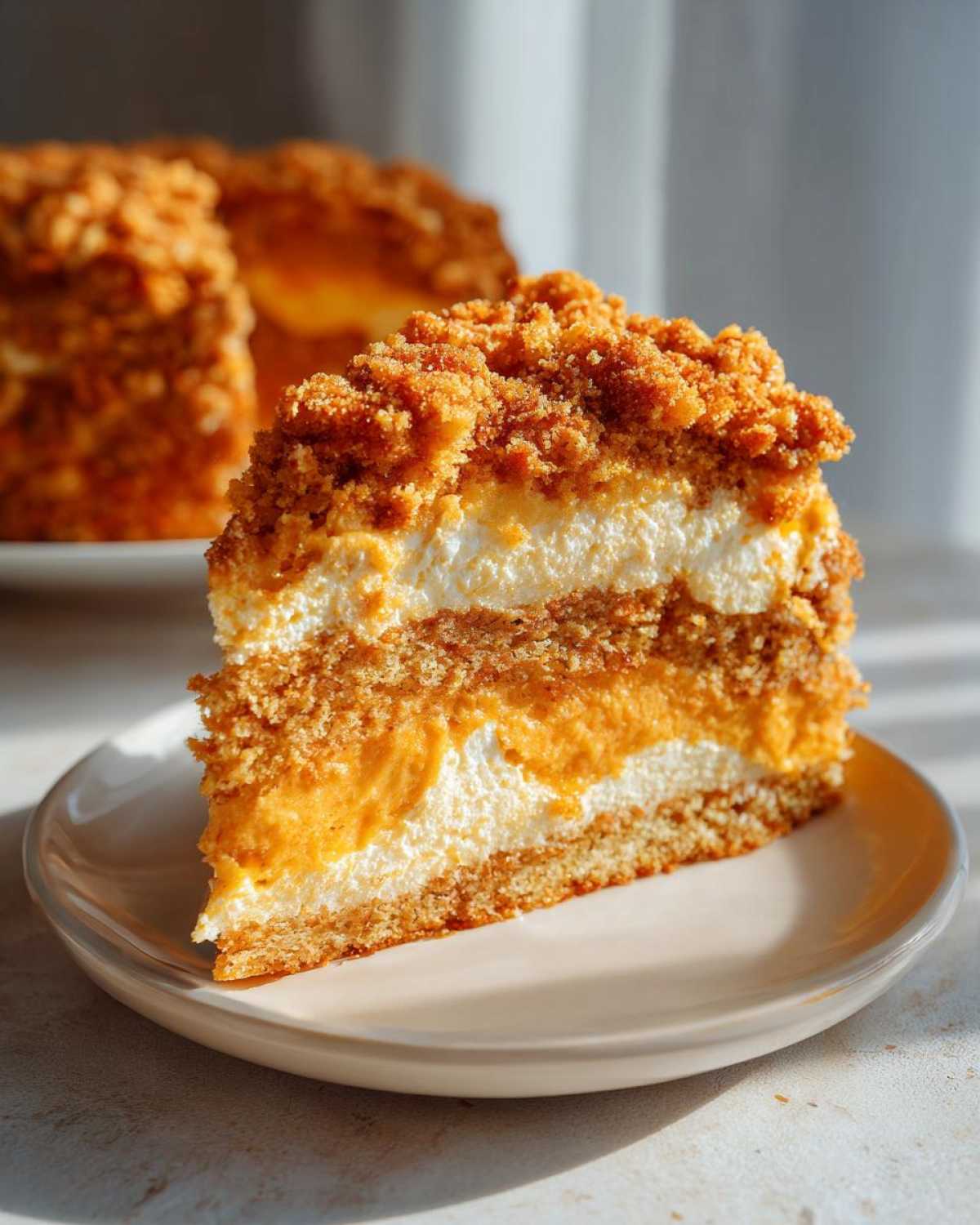 A close-up slice of pumpkin crunch cake showing layers of cake, cream, and a crumb topping.