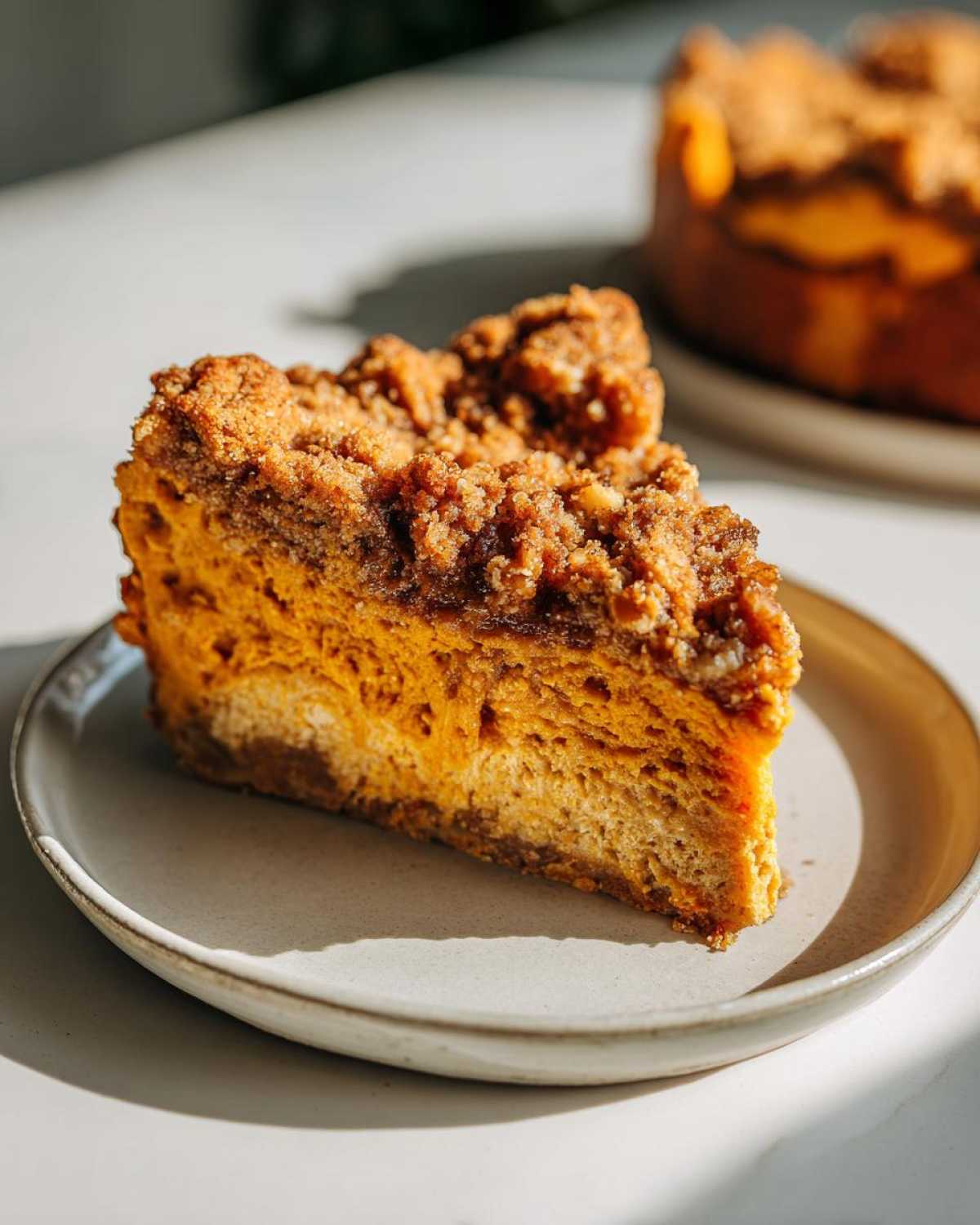 A close-up slice of bright orange pumpkin crunch dessert with a thick, crumbly streusel topping on a small plate.