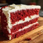 Close-up of a perfect slice of three-layer red velvet cake topped with thick cream cheese frosting.