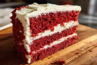 Close-up of a perfect slice of three-layer red velvet cake topped with thick cream cheese frosting.