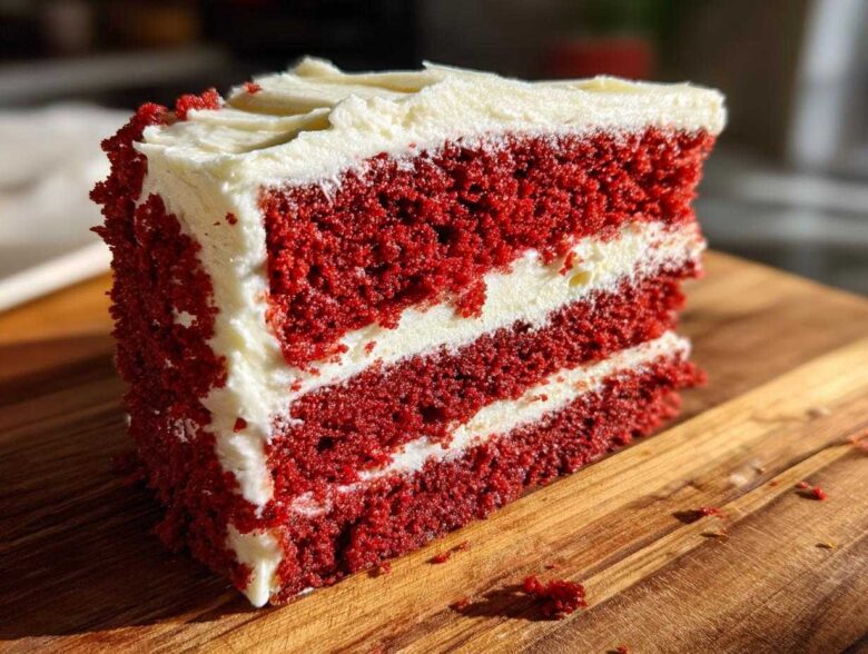 Close-up of a perfect slice of three-layer red velvet cake topped with thick cream cheese frosting.