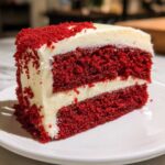Close-up of a delicious slice of red velvet cake layered with thick cream cheese frosting and topped with red crumbs.