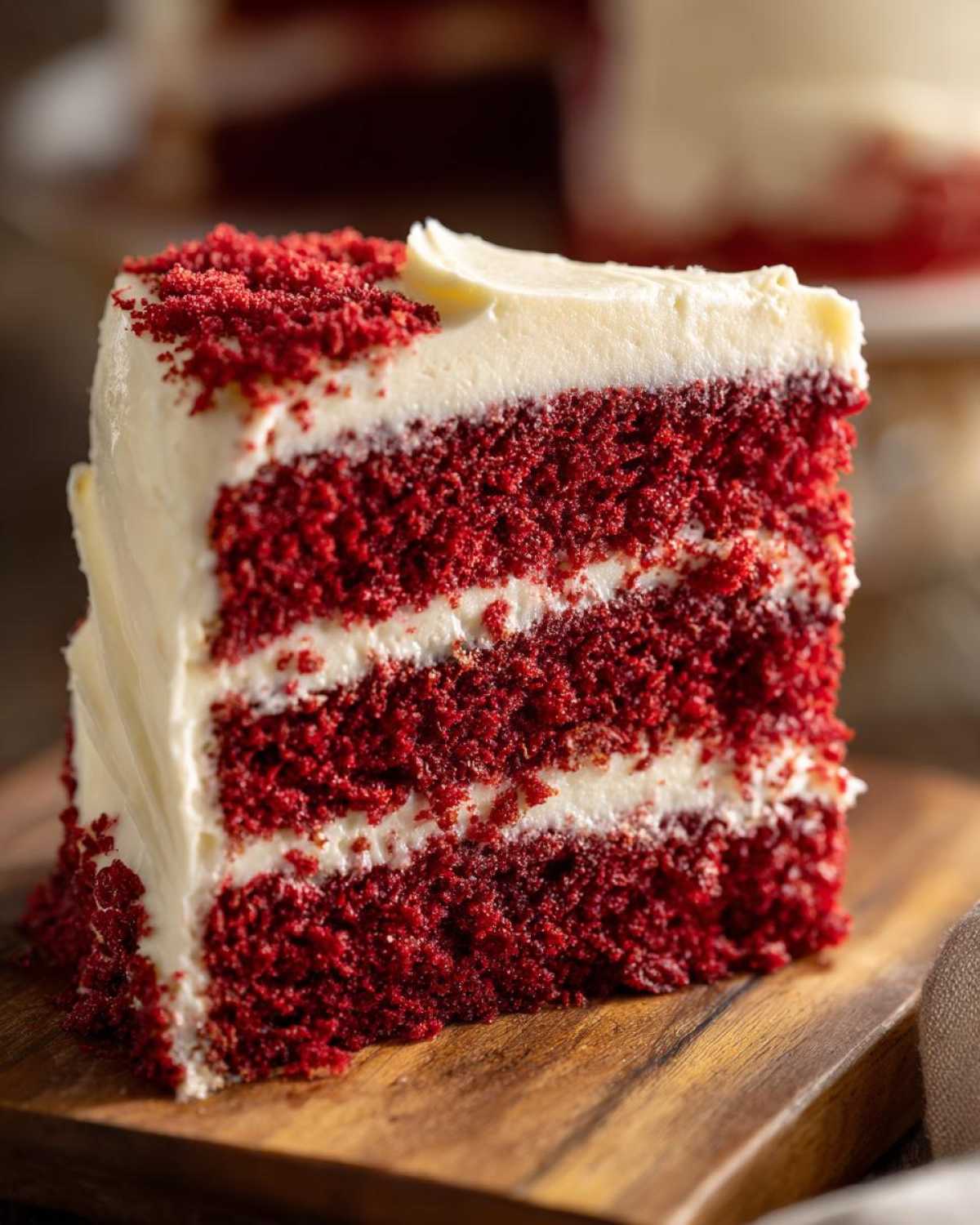 Close-up of a tall slice of red velvet cake showing three layers of deep red cake and white cream cheese frosting.