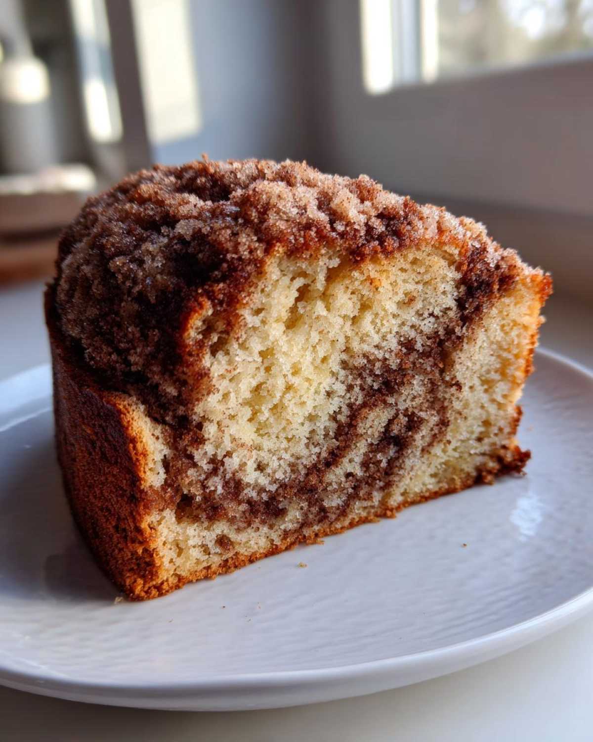 Close-up of a moist slice of sour cream coffee cake showing a cinnamon swirl and thick, sugary streusel topping.