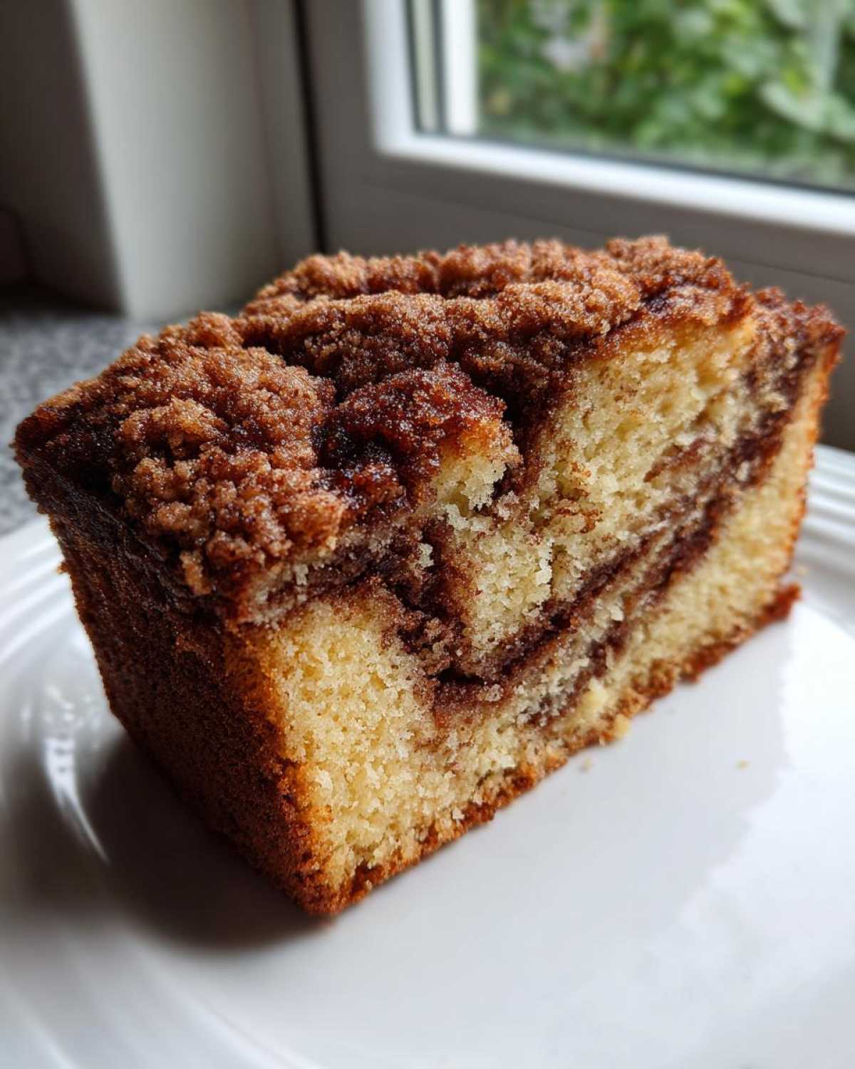 A moist slice of sour cream coffee cake showing cinnamon swirl and thick brown streusel topping.