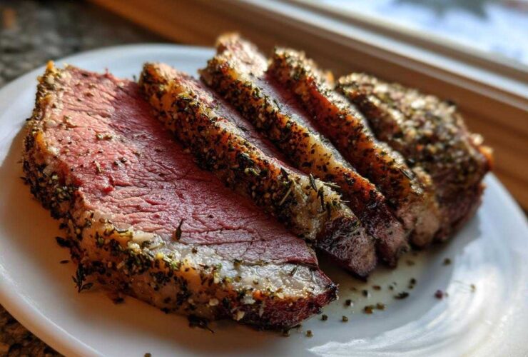 Four thick slices of perfectly cooked rib roast showing a medium-rare center and a heavily seasoned herb crust, resting on a white plate.