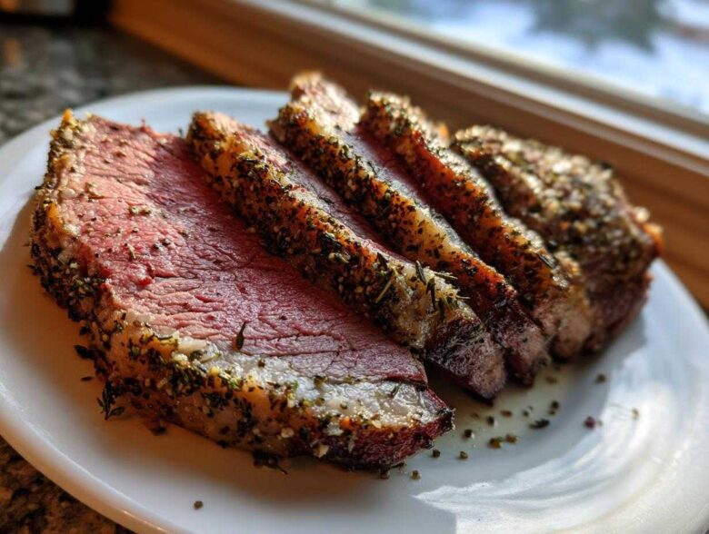 Four thick slices of perfectly cooked rib roast showing a medium-rare center and a heavily seasoned herb crust, resting on a white plate.