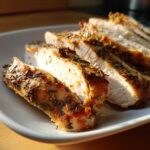 Close-up of juicy slices of slow cooker turkey breast seasoned with herbs.