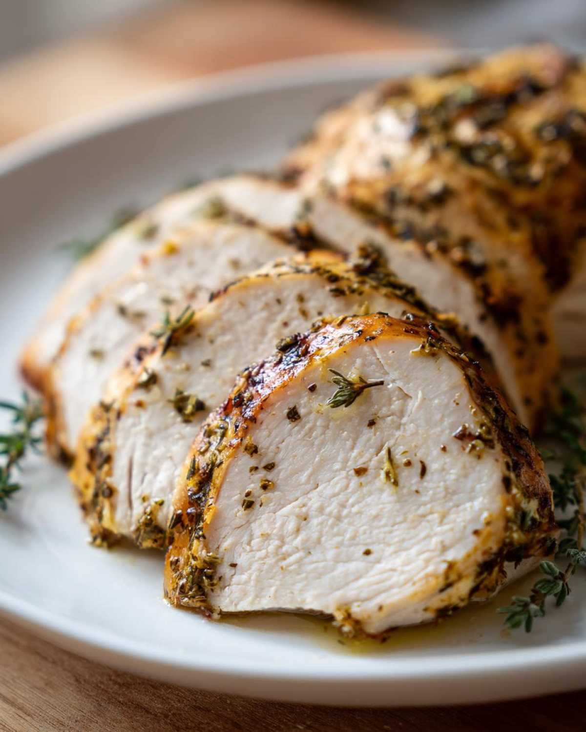 Close-up of juicy, sliced slow cooker turkey breast seasoned with herbs on a white plate.