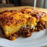 A close-up of two servings of sloppy joe cornbread casserole on a white plate, showing the browned cornbread top and savory meat filling.