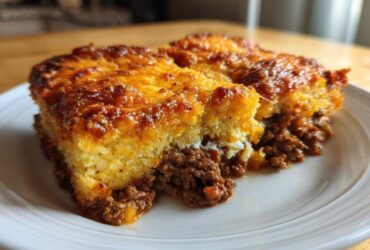 A close-up of two servings of sloppy joe cornbread casserole on a white plate, showing the browned cornbread top and savory meat filling.