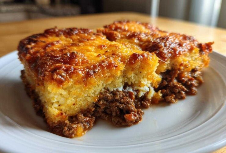 A close-up of two servings of sloppy joe cornbread casserole on a white plate, showing the browned cornbread top and savory meat filling.