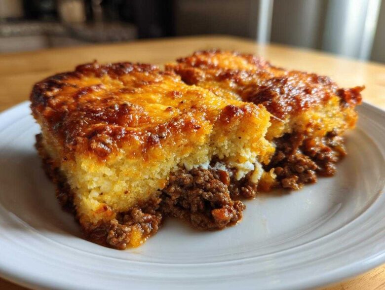 A close-up of two servings of sloppy joe cornbread casserole on a white plate, showing the browned cornbread top and savory meat filling.