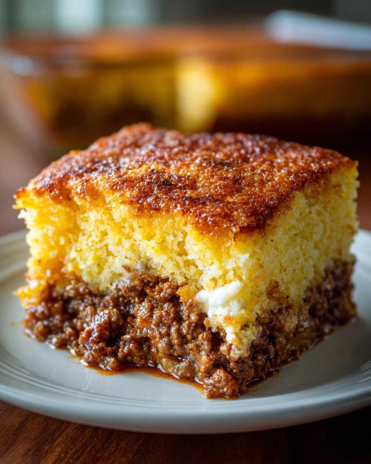 A thick slice of sloppy joe cornbread casserole showing a layer of seasoned ground meat topped with a golden, baked cornbread layer.
