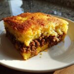 A square slice of sloppy joe cornbread casserole showing a layer of seasoned ground meat between two layers of golden cornbread.
