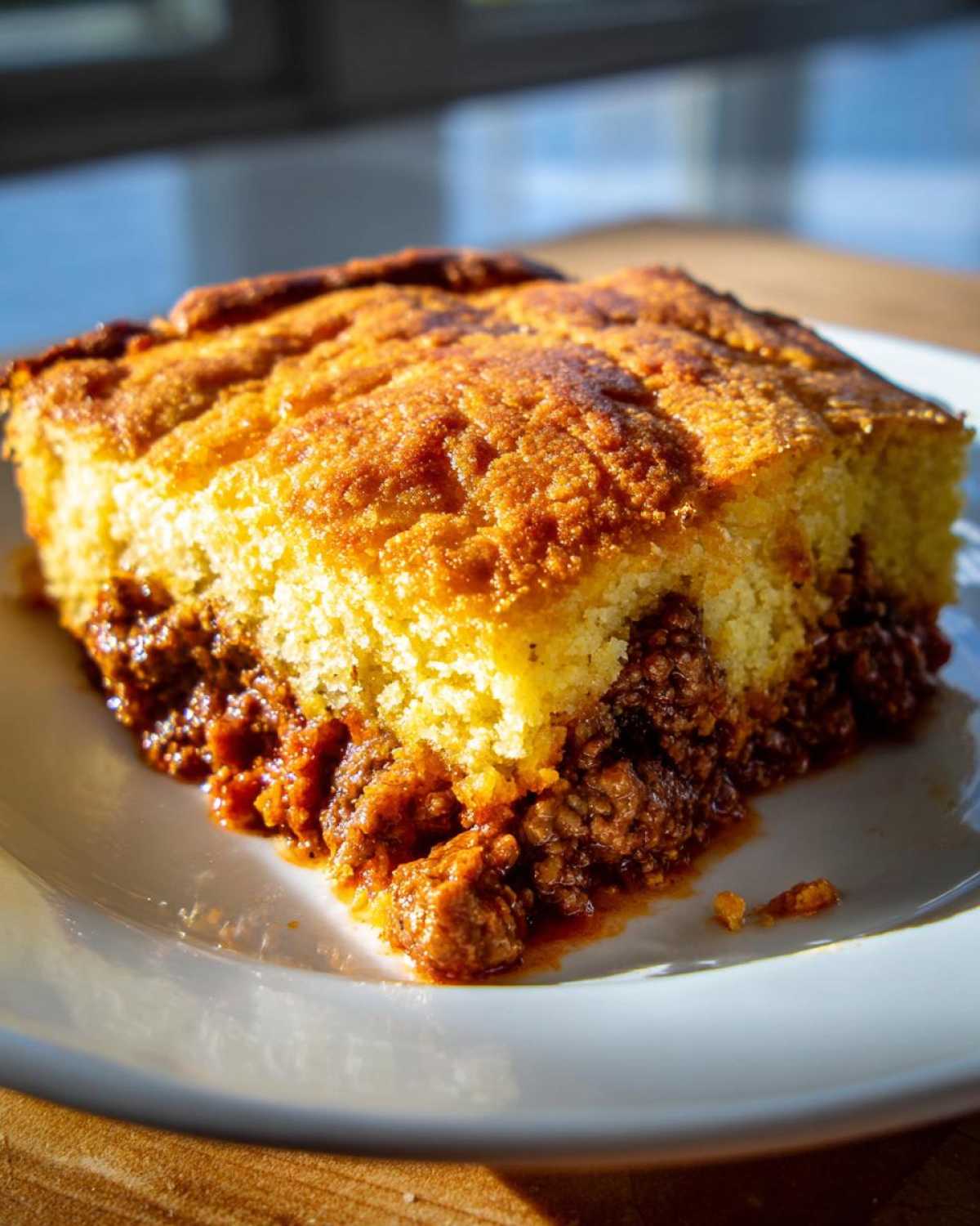 A close-up shot of a square slice of sloppy joe cornbread casserole showing the thick, golden cornbread top layer over the savory meat filling.