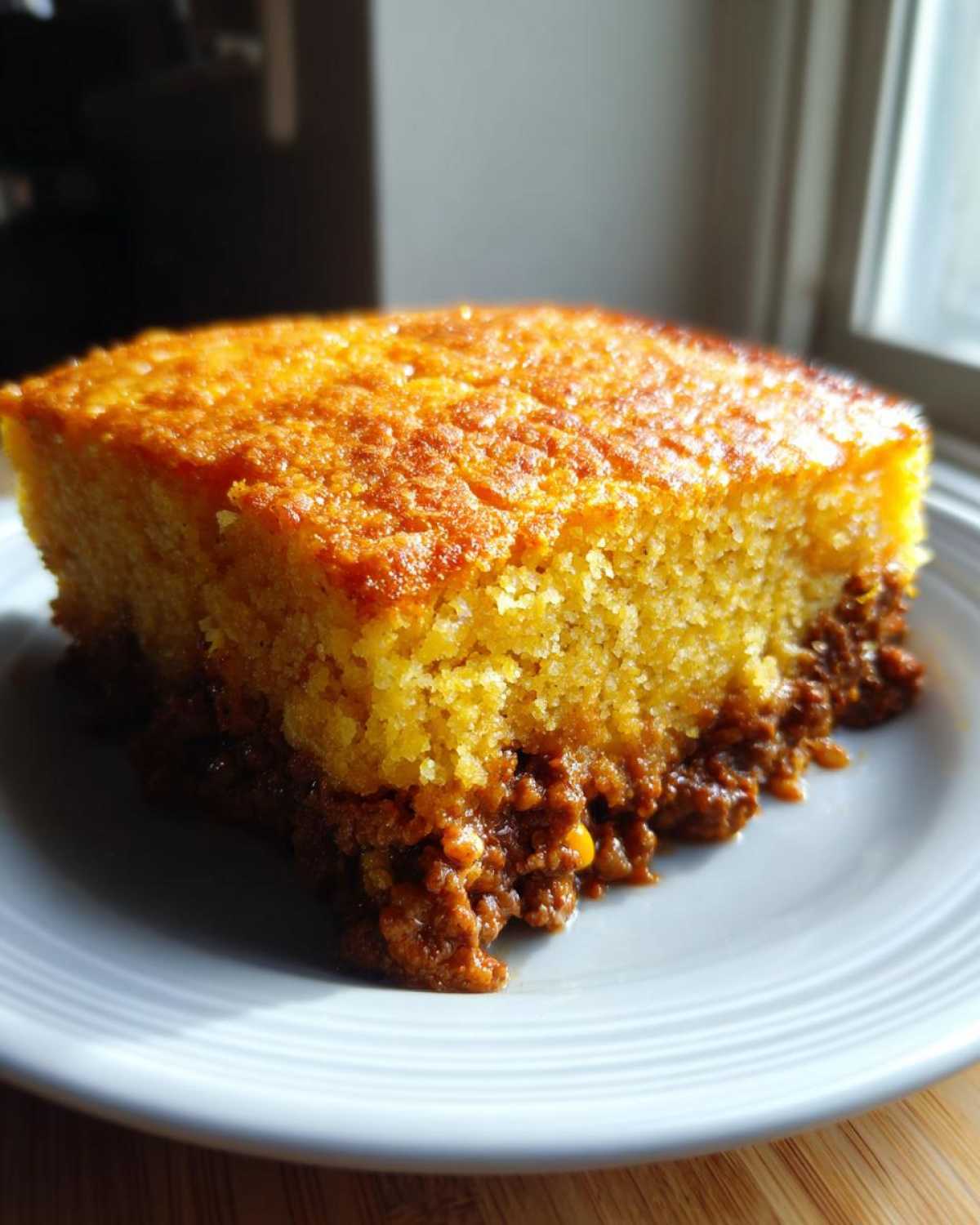 A square slice of sloppy joe cornbread casserole showing a thick, golden cornbread top over a savory meat filling.