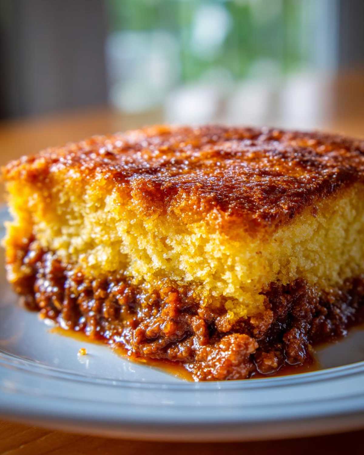 A close-up view of a square slice of sloppy joe cornbread casserole showing the moist cornbread layer over the savory meat filling.