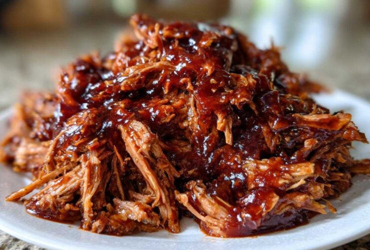 A close-up of tender, shredded Slow Cooker Pulled Pork generously coated in rich, glossy barbecue sauce on a white plate.