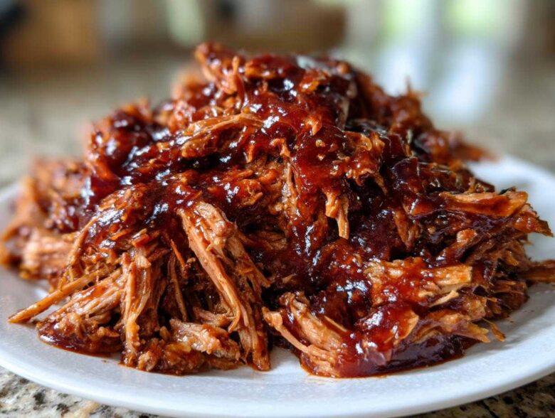 A close-up of tender, shredded Slow Cooker Pulled Pork generously coated in rich, glossy barbecue sauce on a white plate.