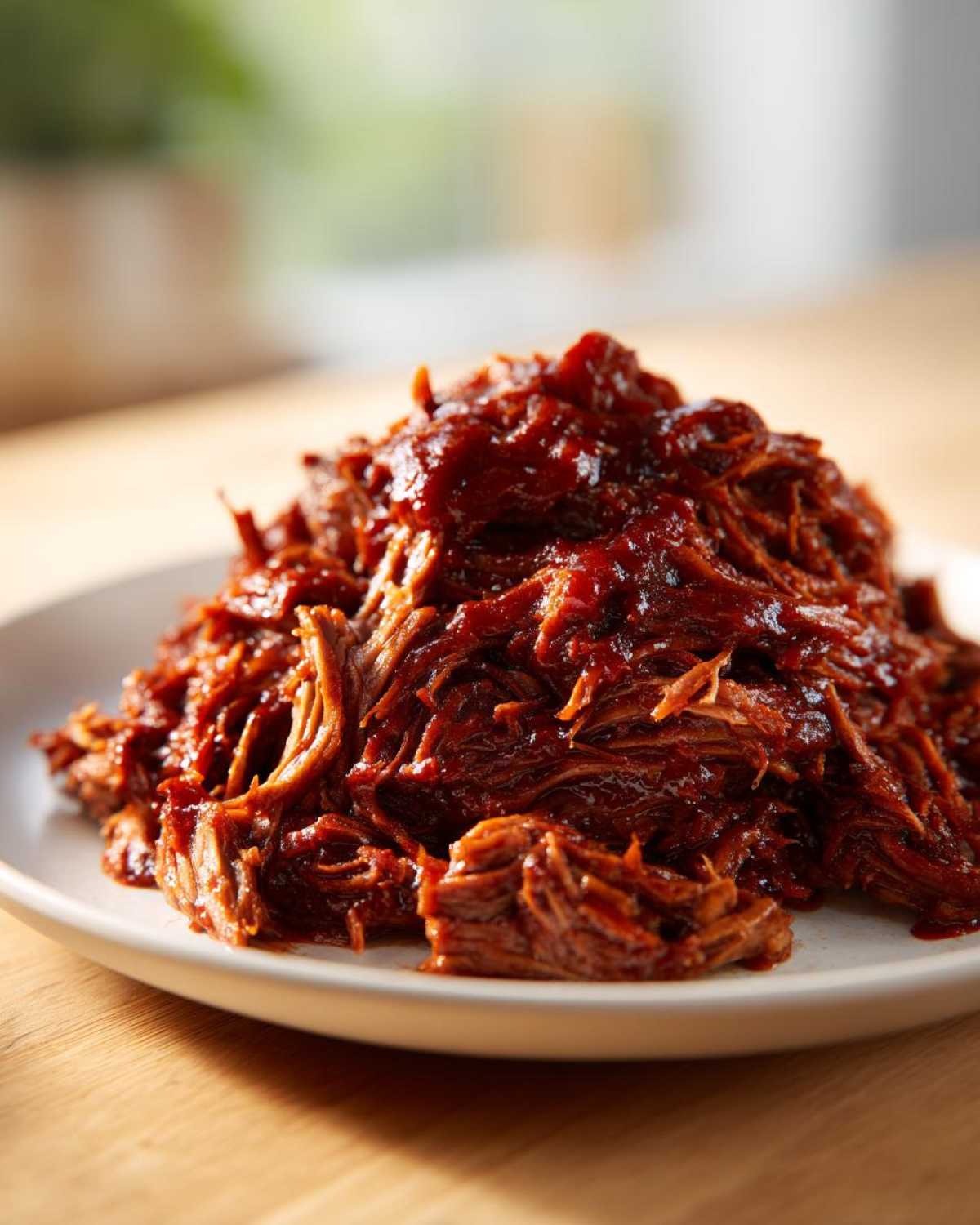 A close-up of shredded, saucy Slow Cooker Pulled Pork piled high on a white plate.