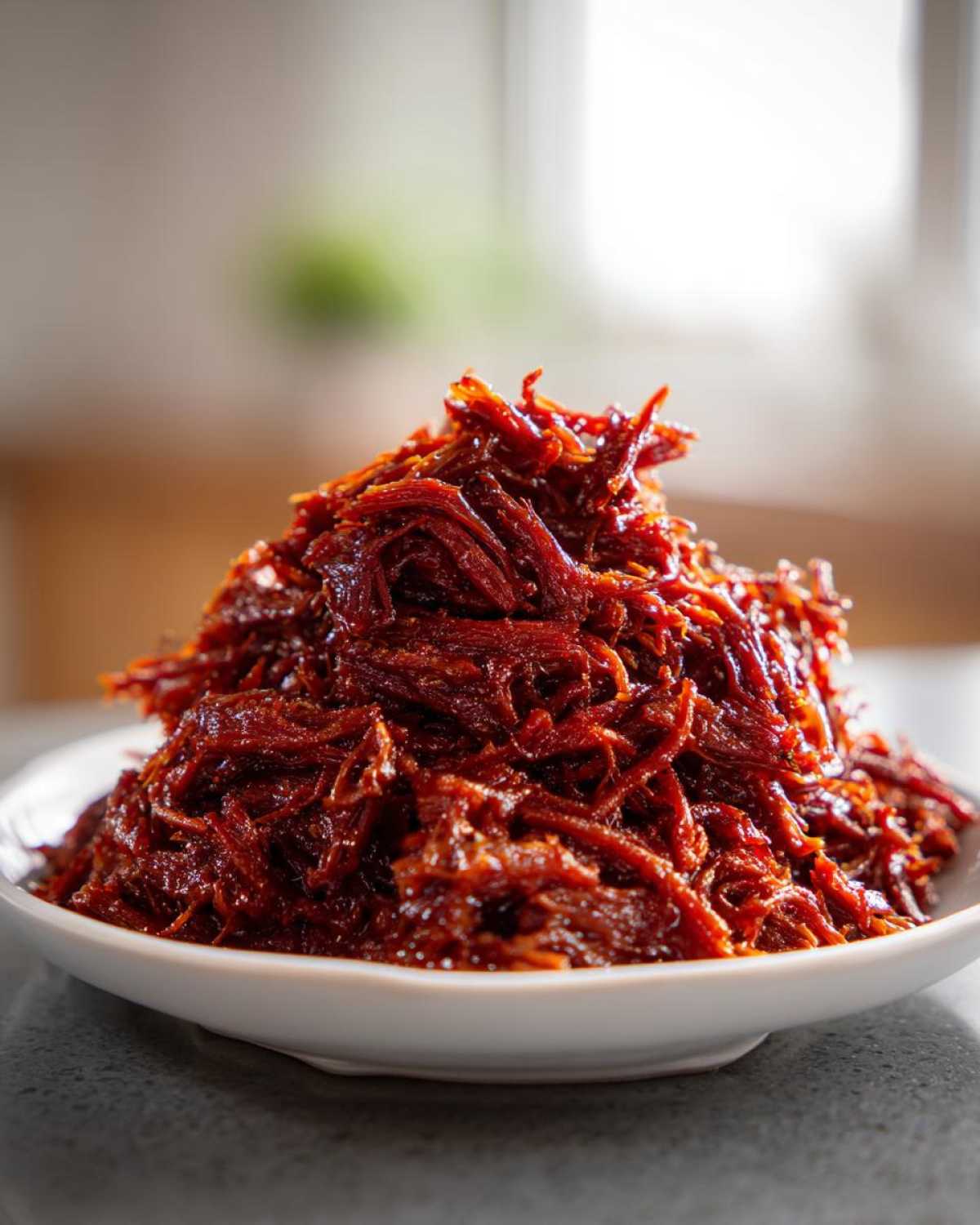 A close-up of a mound of richly sauced, shredded Slow Cooker Pulled Pork piled high on a white plate.