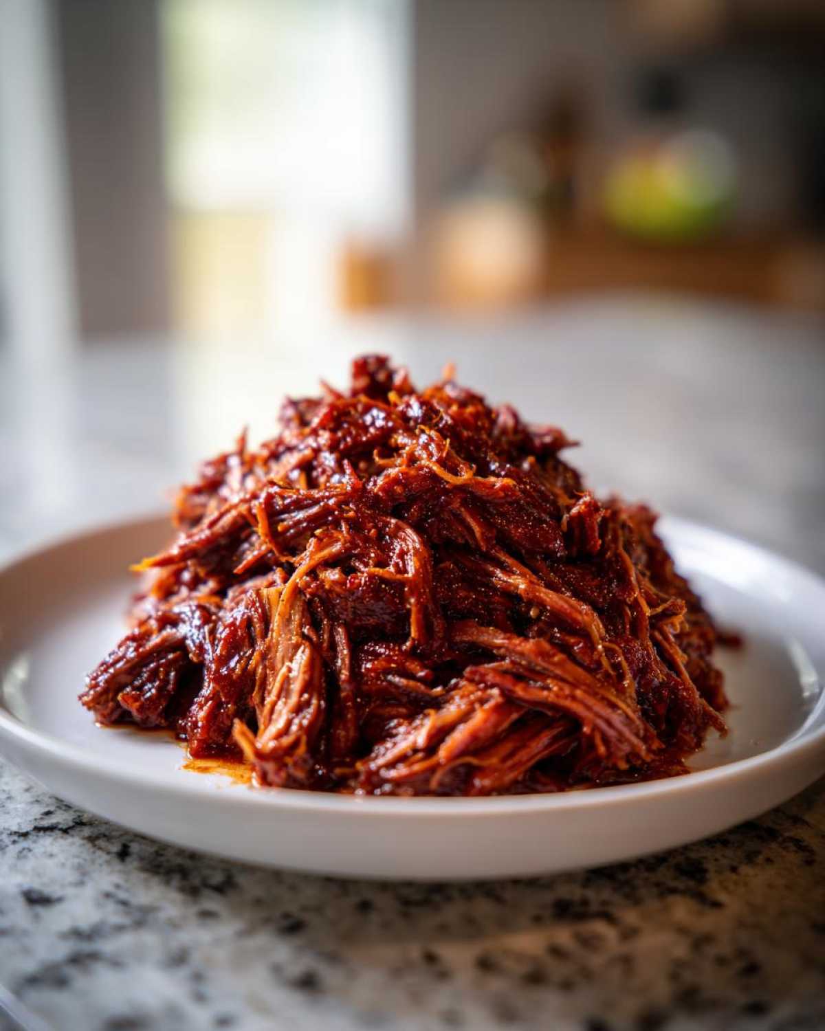 A mound of rich, saucy, shredded Slow Cooker Pulled Pork served on a white plate.