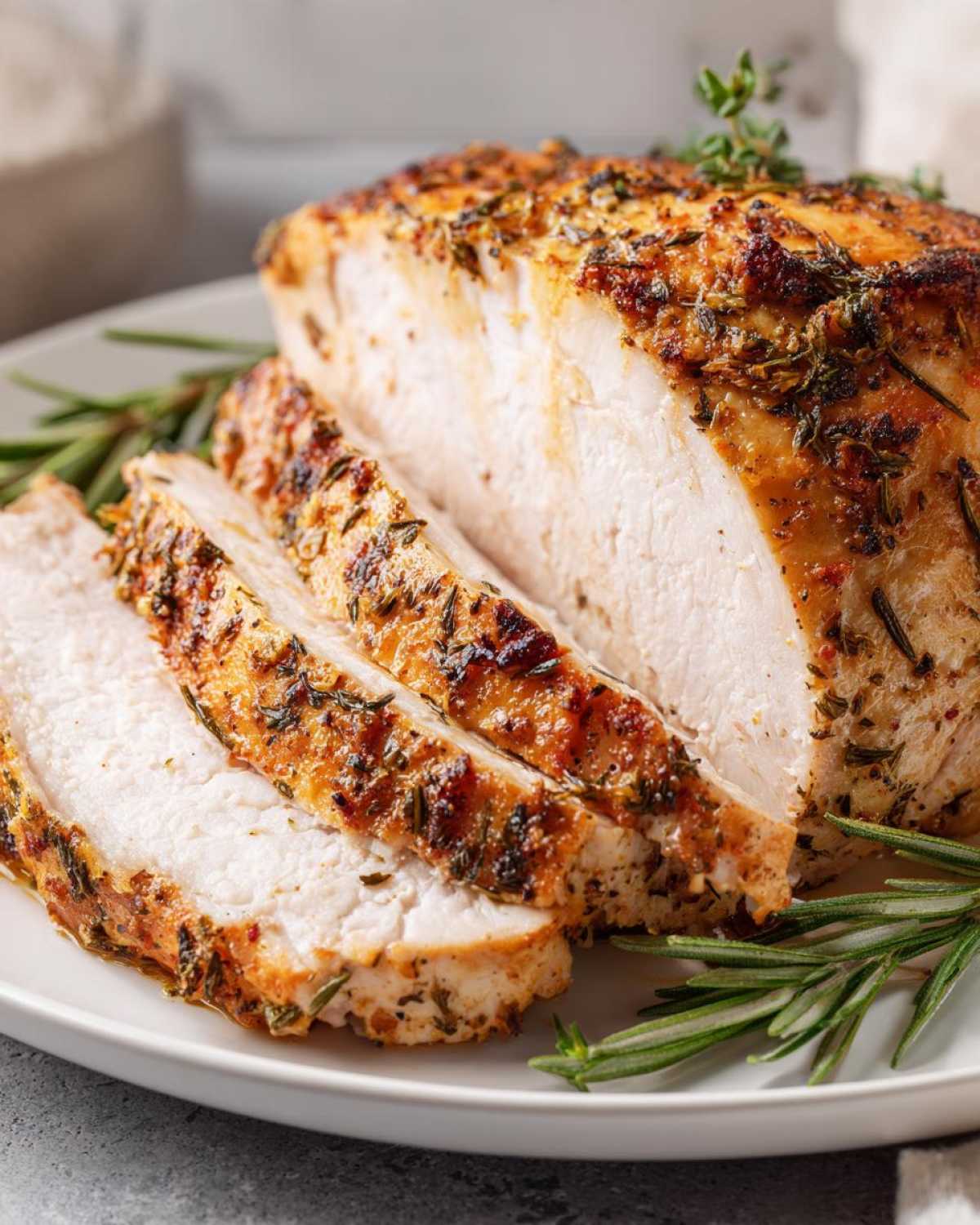 Close-up of a juicy, sliced slow cooker turkey breast seasoned with herbs on a white plate.