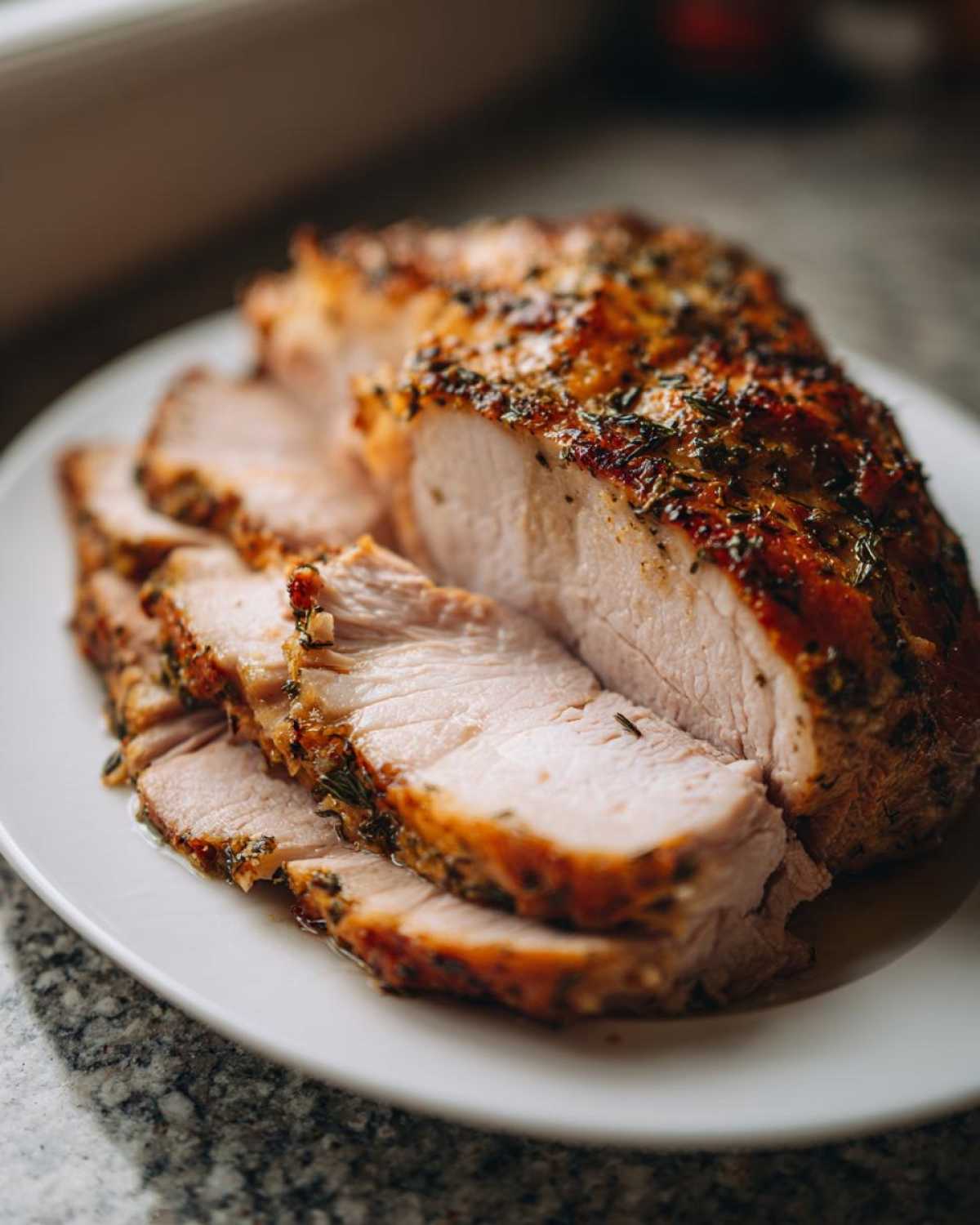 Close-up of sliced, herb-crusted slow cooker turkey breast resting on a white plate.
