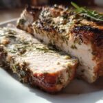 Close-up of a moist, sliced slow cooker turkey breast seasoned with herbs and having a browned exterior.