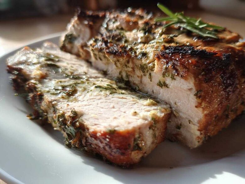 Close-up of a moist, sliced slow cooker turkey breast seasoned with herbs and having a browned exterior.
