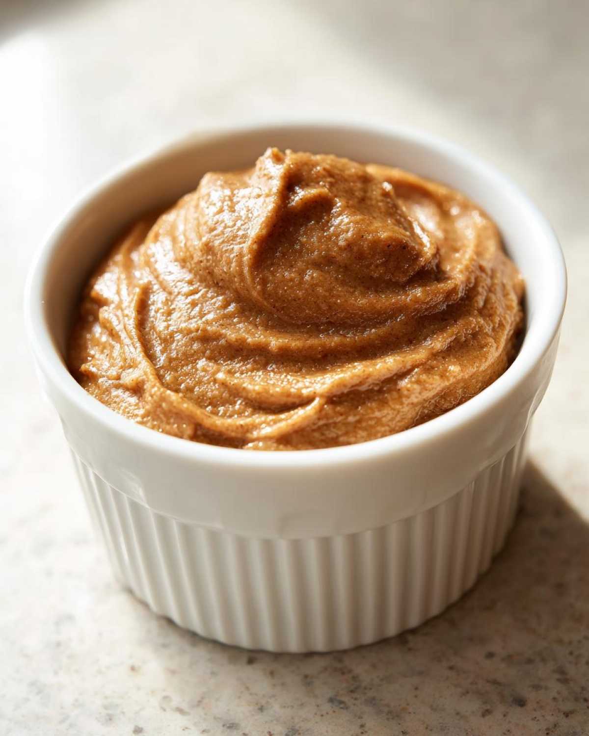 Close-up of rich, smooth pear butter swirled in a small white ramekin.