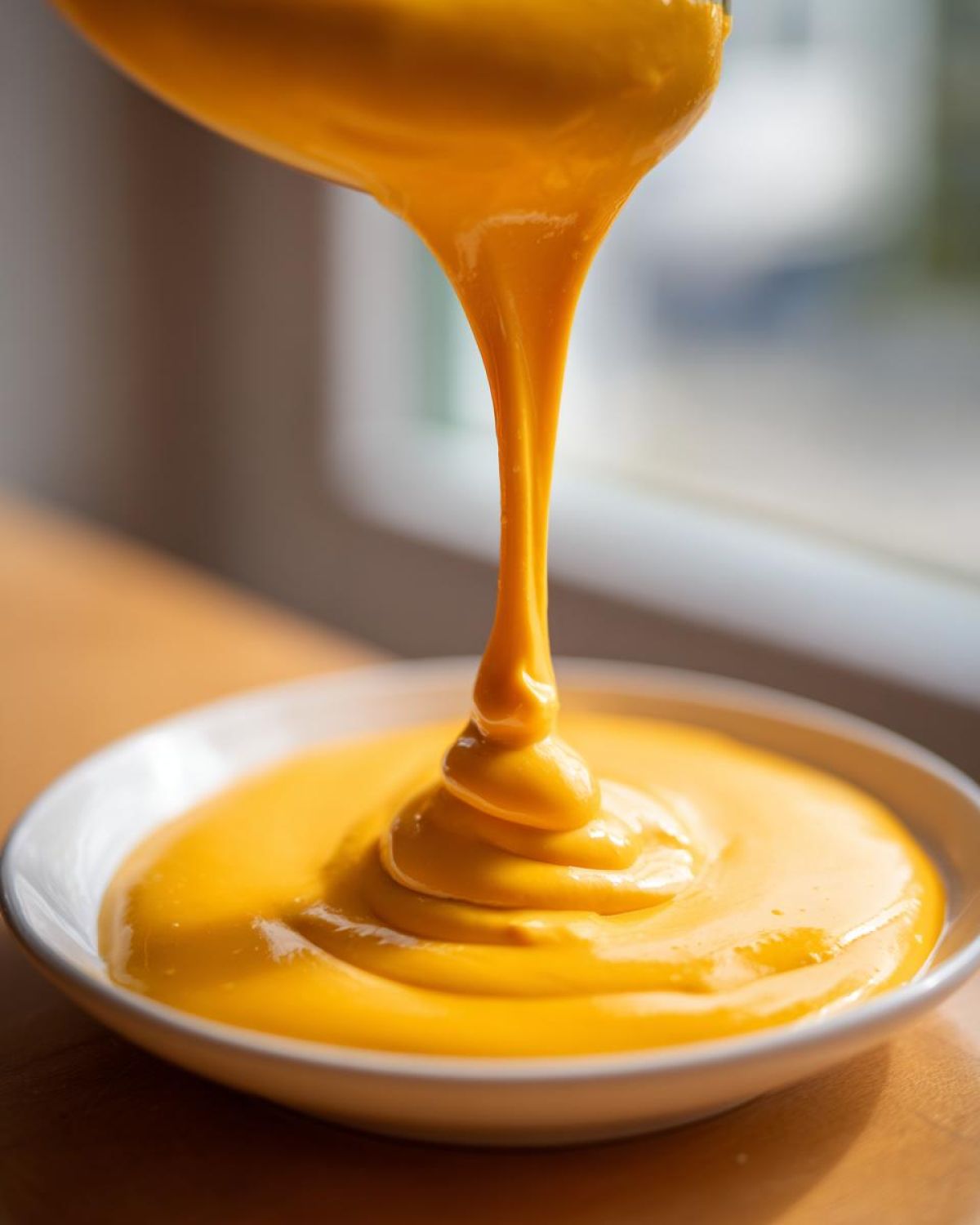 Close-up of thick, bright orange nacho cheese sauce being drizzled from a spoon into a white bowl.