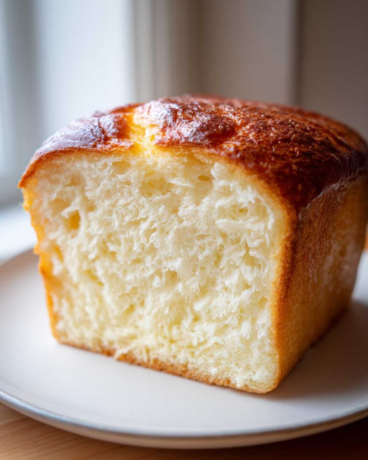 A close-up of a freshly baked loaf of condensed milk bread, showing its incredibly soft, fluffy white interior and golden-brown, shiny crust.