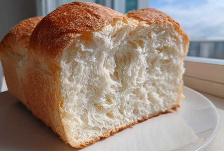 Close-up of a freshly baked loaf of condensed milk bread, showing its incredibly soft, white, fluffy interior crumb.