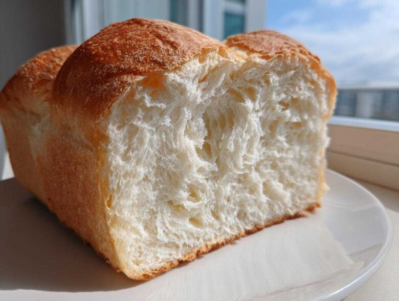 Close-up of a freshly baked loaf of condensed milk bread, showing its incredibly soft, white, fluffy interior crumb.